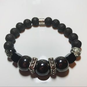 Beaded Bracelet Black Hematite and Lava Stone